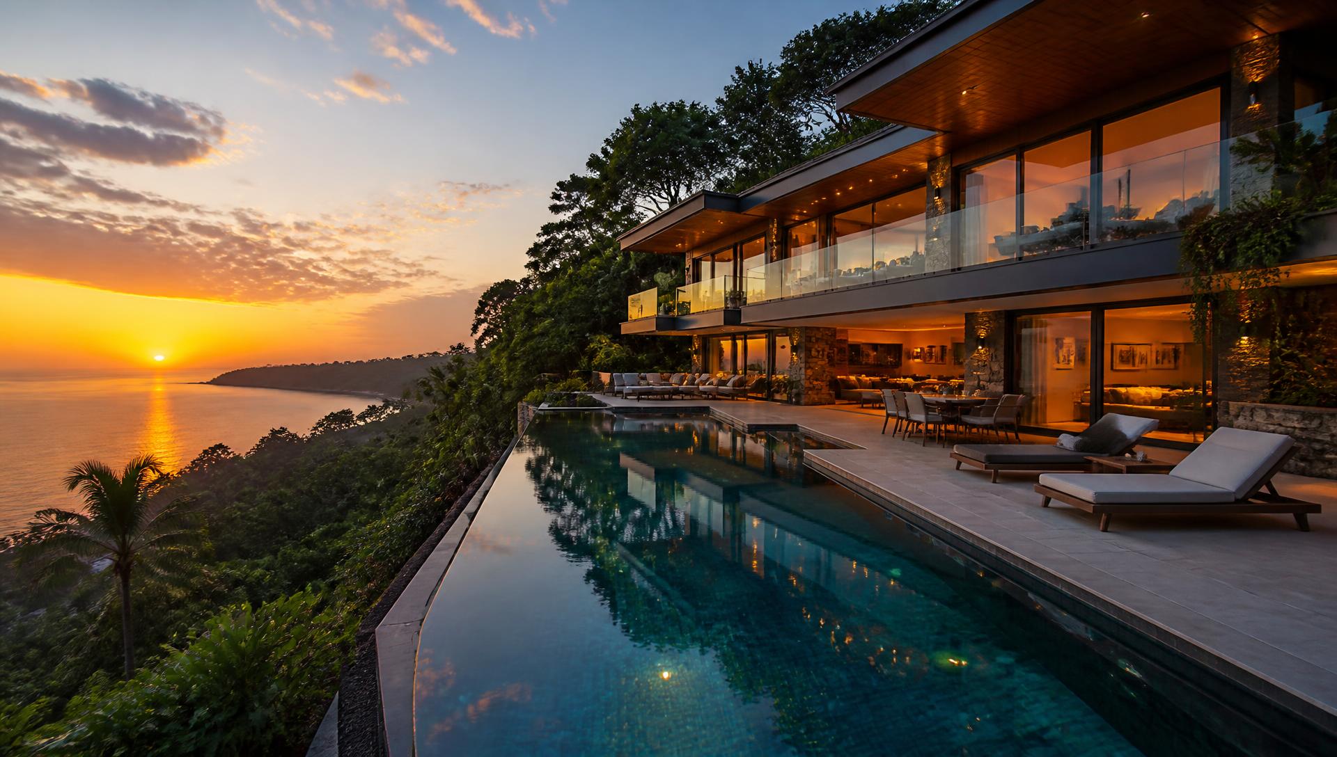 Cliffside villa with an infinity pool overlooking the ocean at sunset