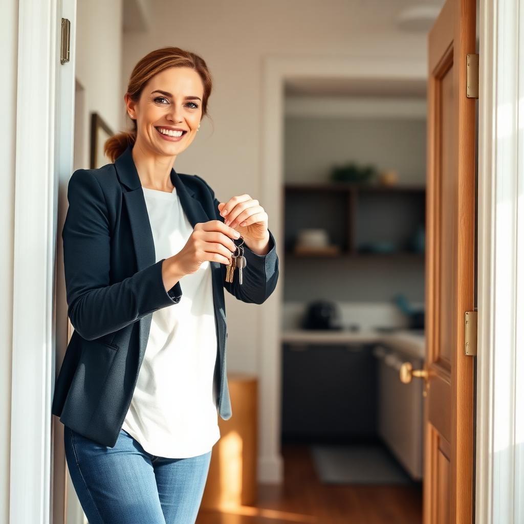 Host welcoming guests and handing over the keys to an apartment